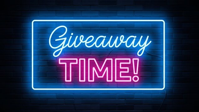 Vibrant neon sign announcing giveaway on brick wall background