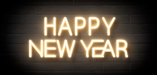 Elegant Happy New Year neon typography glowing on dark backdrop