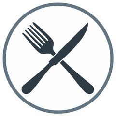 Simple flat icon of crossed fork and knife in a circle. A symbol for restaurants, dining, food, and cutlery.