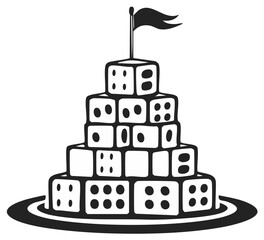 Monochromatic Illustration of a Dice Tower with a Waving Flag on Top for Gaming and Chance Concepts