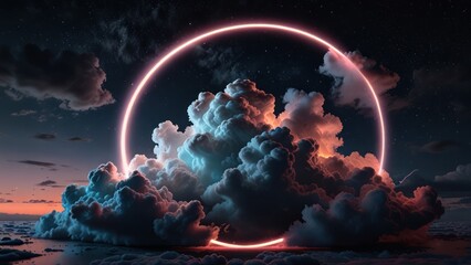 Abstract clouds illuminated by glowing circle against dark sky