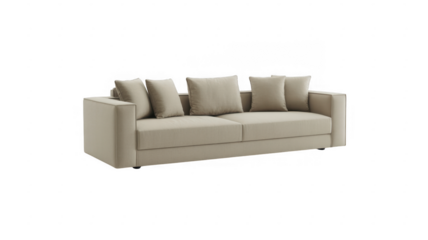 Beige sofa with four cushions couch furniture isolated on a transparent background