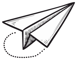 Classic hand-drawn paper airplane illustration with dotted flight path symbol for message or travel
