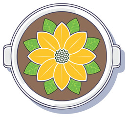 Stylized yellow flower with green leaves floating in a bowl illustration