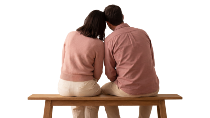 A couple sits together on a bench, facing away from the viewer. They are dressed in casual clothing and appear to be in a close, intimate relationship.