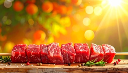 Wooden skewer with fresh raw red meat pieces arranged in row, framed by blurred green and orange background