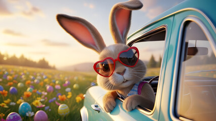 Easter bunny with red sunglasses driving vintage car in flower field vector illustration