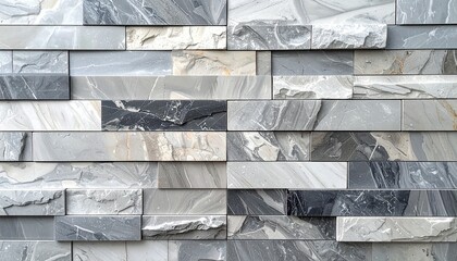 Horizontally arranged rectangular stone tiles in light and dark gray tones with marbled texture on wall