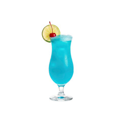 Blue cocktail with cherry and lime garnish