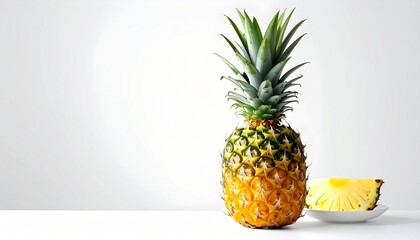Whole upright pineapple with green spiky leaves and yellow wedge on clean white background