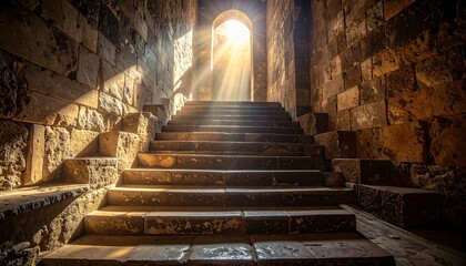 Stone staircase ascending toward bright light in dim enclosed space with dramatic shadows and textured walls
