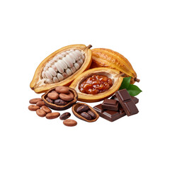 Cocoa pods with beans and chocolate on Transparent Background