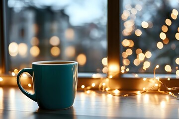 Teal coffee mug on wooden table with warm fairy lights and blurred city window view creating cozy evening atmosphere for relaxation and comfort.