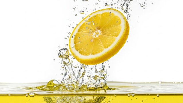 Lemon slice dropping into refreshing yellow liquid with splashing water