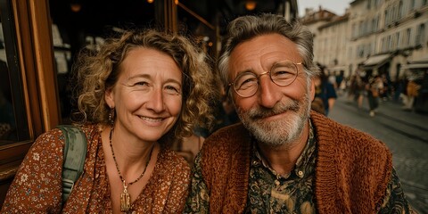 Obraz premium Happy mature couple smiling together at outdoor European cafe during golden hour sunset creating warm romantic atmosphere for travel and lifestyle content.