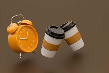 Alarm clock and coffee cups representing morning energy