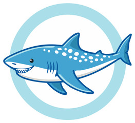 Obraz premium Cute cartoon whale shark swimming inside a light blue circle with a friendly expression