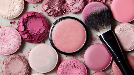 Pink makeup collection with blush powders and professional brush for beauty routine and cosmetic application on light background.