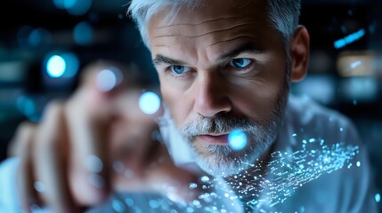 Middle-aged Caucasian businessman with gray beard interacting with futuristic holographic interface technology in modern office environment for innovation concepts.