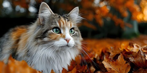 Fluffy tabby cat with green eyes sitting among colorful autumn leaves in warm golden light creating cozy seasonal atmosphere for pet photography.