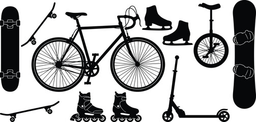 Urban extreme sports equipment silhouettes illustration with bicycle, skateboard, snowboard, scooter, roller skates, ice skates, outdoor activity icons, vector, black © parves's world