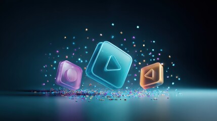 3D Streaming Play Pause Stop Icons with Glittering Effect