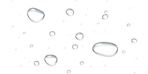 A collection of crystal clear water droplets scattered across a clean white surface