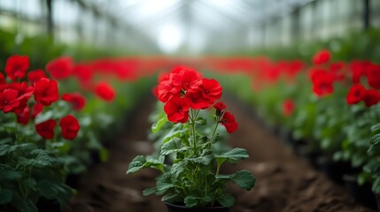 Obraz premium Red geranium flowers blooming in commercial greenhouse nursery with rows of potted plants for gardening and landscaping projects.