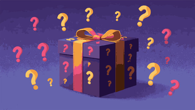 Mystery gift box surrounded by question marks, symbolizing surprise and anticipation for unknown contents inside