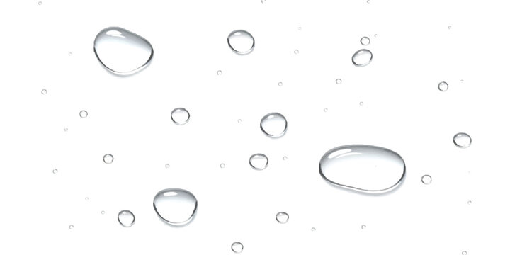 A collection of crystal clear water droplets scattered across a clean white surface