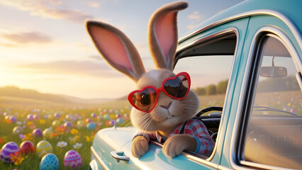 Cute bunny with red glasses driving vintage car in Easter field vector illustration