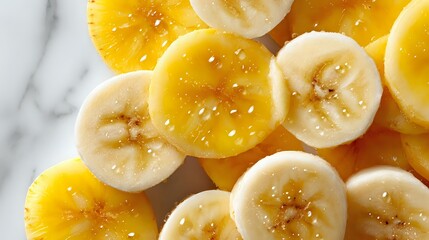 Fresh sliced oranges and bananas with water droplets on marble surface for healthy breakfast recipes and tropical fruit arrangements.
