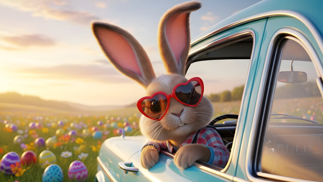 Cute bunny with red glasses driving vintage car in Easter field vector illustration