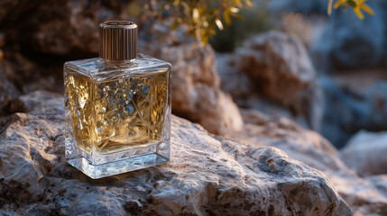 Close-up cinematic view of perfume bottle on natural stone, dark background fades into shadows, soft warm highlights on glass and liquid inside, luxurious and minimal product photo