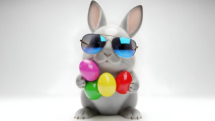 Cute bunny with sunglasses holding Easter eggs vector illustration flat design