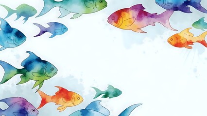 Obraz premium Colorful watercolor fish swimming in various directions creating decorative border frame with white center space for text or design elements.