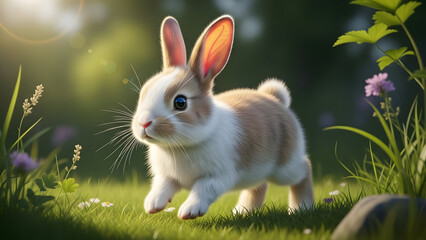 Cute baby rabbit hopping in sunny meadow with flowers vector illustration