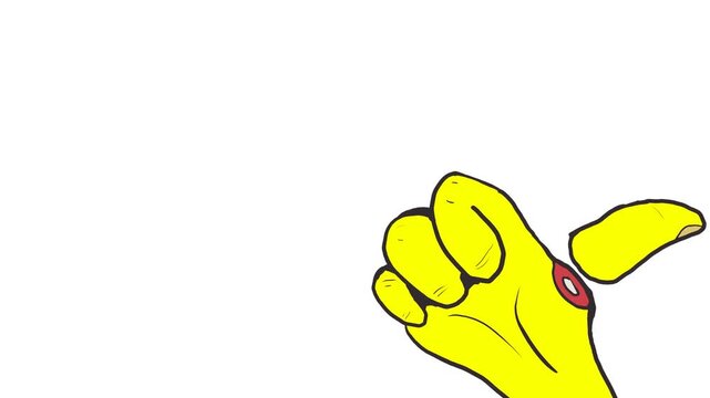 A thumbs-up symbol or zombie hand protrudes from the bottom. The thumb has been severed and twitches nearby.