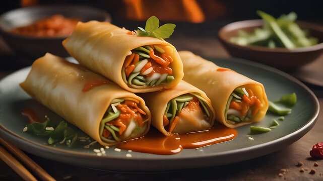 Golden Crispy Spring Rolls Filled With Fresh Vegetables And Savory Sauce On A Dark Plate With Chopsticks