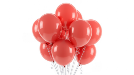 Bunch of Red Balloons tied white ribbons isolated on a transparent background