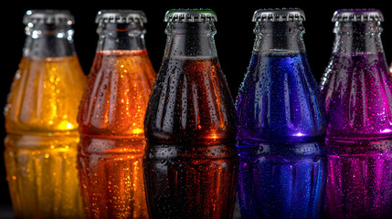 Wide shot of vibrant soft drink bottles, aligned in a neat row, glowing colors from orange to purple, condensation beads visible, bright and inviting refreshment theme