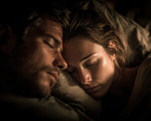 Intimate Close-Up of Peaceful Couple Sleeping Together at Night in Warm Low Light with Soft Textured Bedding Surrounding Their Resting Faces