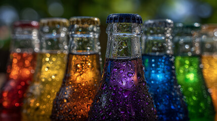 Line of rainbow-colored soda bottles in close-up, condensation droplets on glossy glass, soft natural light highlighting colors, crisp and refreshing drink concept