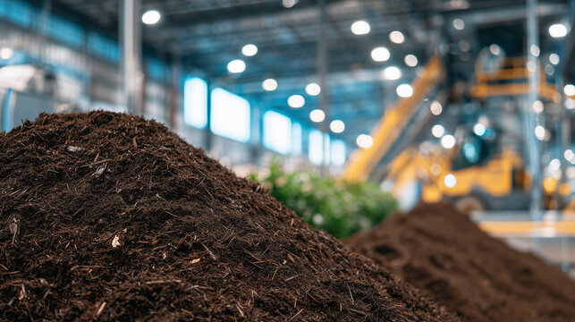 Macro perspective of compost piles inside a spacious indoor processing plant, shredded leaves, food scraps, and soil visible, ambient overhead lights reflecting softly, industrial