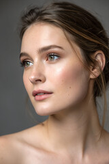 Ultra realistic studio portrait photo of a young adult white woman, natural skin texture.