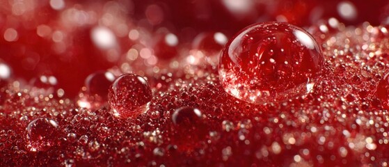 Macro Close-Up of Glimmering Red Water Droplets on Sparkling Textured Surface with Light Reflections and Bokeh Effect in Abstract Art