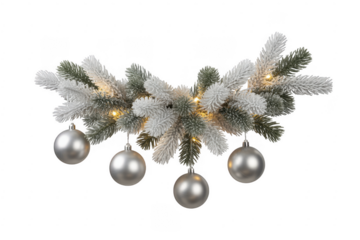 Christmas tree branch with silver ornaments frosted pine isolated on a transparent background