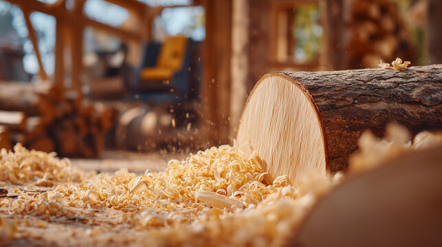 Macro view of freshly cut wooden log, shavings scattered, rough and smooth textures contrasted, sawmill table and tools softly blurred, cinematic close-up emphasizing woodworking d - Powered by Adobe