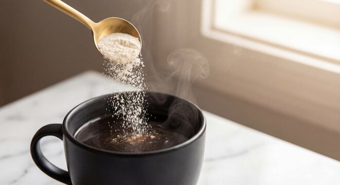 WHEY PROTEIN SUPPLEMENT Pouring Powder into Hot Coffee Mug on Marble Countertop with Steam