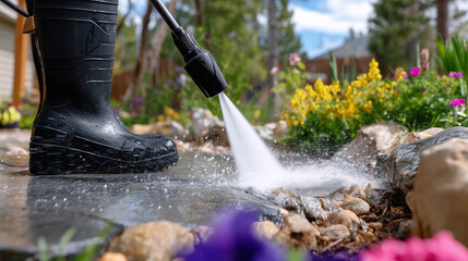 Macro view of pressure washer cleaning textured stone path, black rubber boots visible, water droplets flying off surface, garden flowers and greenery blurred in background, focus